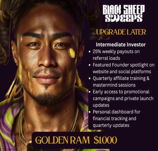 Promotional graphic for 'Black Sheep Sweeps' with a man's face and text about investment opportunities.