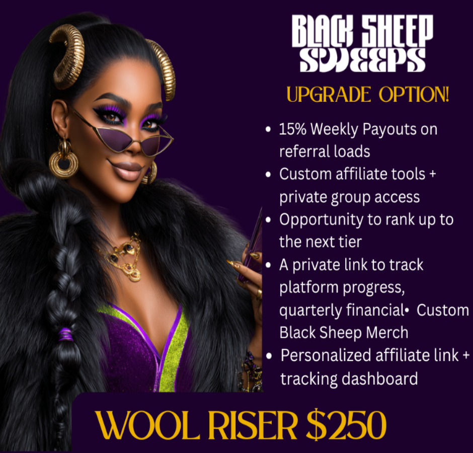 Promotional graphic for 'Black Sheep Sweeps' with a woman in a purple outfit and text detailing upgrade options.